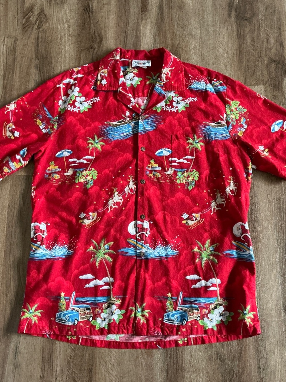 Hawaiian Shirt Size XL Pacific Legend Santa Christmas Surf Palm Trees Red Woody